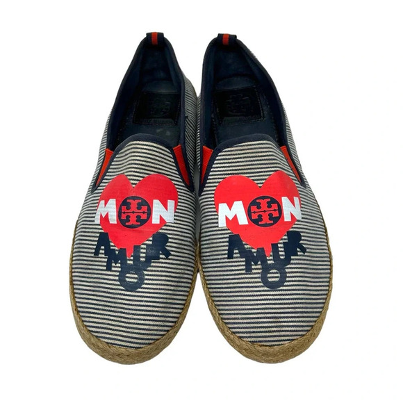 Tory Burch Mon Amour Navy Blue‎ Red Stripe Heart Espadrille Flats Size 10 - Picture 1 of 10